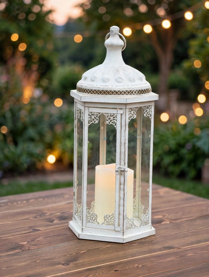 One of the farm's white lanterns with an LED candle, on a farm table at dusk